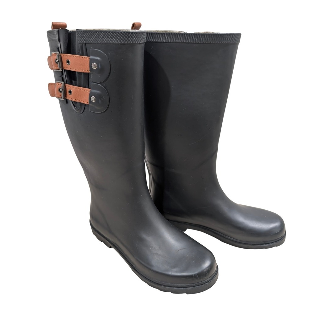Chooka Womens Matte Black Rubber Rain Boots Brown Buckle Accent Sz 8 Wellington